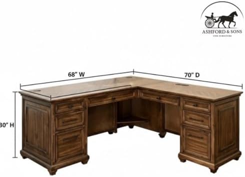 Ashford & Sons Artisan L-Desk & Return, 8-Drawer Executive Corner Workstation, 30" H x 68" W x 70" D, Hardwood Solids with Veneer, Distressed Finish, Built-in Power Center, Home Office Desk - Image 3