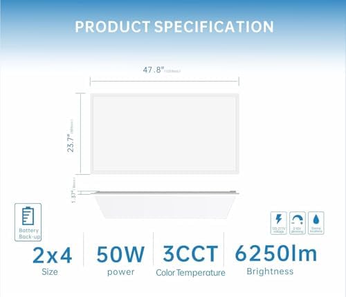 2X4 LED Flat Panel Light with Emergency Battery Backup, 50W 3000K/4000K/5000K, 0-10V Dimmable, 6500 Lumens, Backlit Drop Ceiling Panel, 100-277V, UL Listed, Built-in Backup – 2 Pack - Image 4