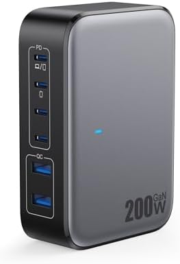 USB C Charger 200W USB Charging Block,6 Ports GaN IV Foldable Wall Charger Outlet Plug,QC4.0 Fast Charging Station Hub,PD 65W Laptop Adapter for MacBook Pro/Air,Dell,iPhone 16/15,Galaxy,Steam Deck by GKUTW