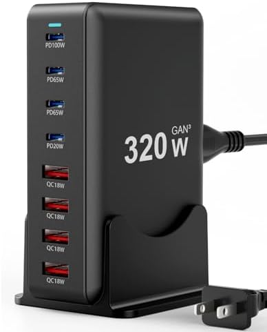 320W Fast Charging 8 Port USB C Charger Block, Multi-Device USB Charging Station Wall Desktop Charger with GaN Ⅲ Technology, USB-C Charger Adapter for MacBook/iPad/iPhone 16/Samsung Galaxy/DELL/HP by Vanmiya