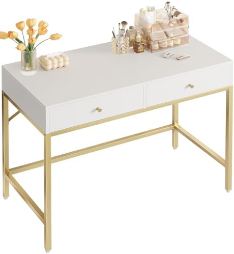 SUPERJARE 31.5" White and Gold Desk with 2 Drawers, Modern Vanity Desk by SUPERJARE