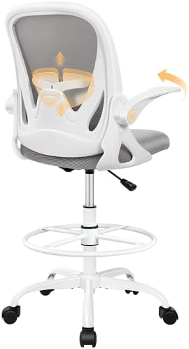 Ergonomic Drafting Chair with Flip-Up Armrests & Adjustable Footrest – Tall Office Chair for Standing Desks, Lumbar Support, Gray – Home & Office Comfort by Primy
