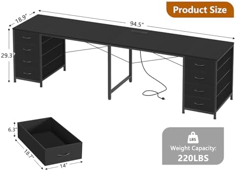 95" 2 Person Desk with 8 Fabric Drawers for Home Office, Living Room - Image 2