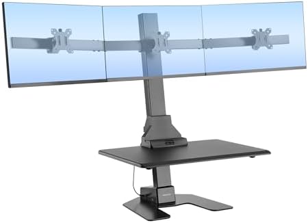Mount-It! Triple Monitor Electric Standing Desk Converter - 3 Screens Stand Up Desk Riser - Height Adjustable Desktop & 3 Mounts for Screens up to 32", Sit-Stand Convertor for Home, Office, School by Mount-It