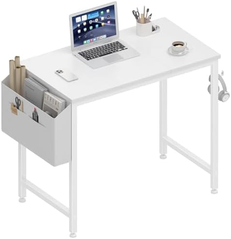 Lufeiya Small White Desk for Small Spaces, 32 Inch Kids Girls Study Writing Desks for Bedroom, Simple Modern Laptop PC Little Side Table with Storage Bag Headphone Hook, White by LUFEIYA