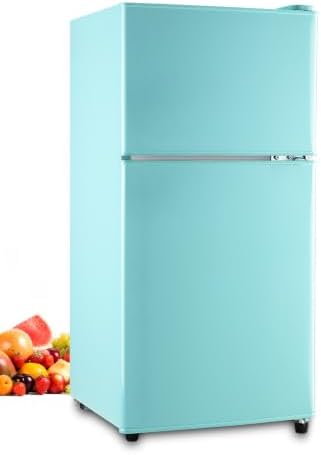 KRIB BLING Mini Fridge Compact Refrigerator Small Refrigerator 7 Level Adjustable Thermostat Removable Shelves with Stainless Steel 2 door for Office Dorm Apartment 3.5 Cu.Ft Blue by KRIBBLING