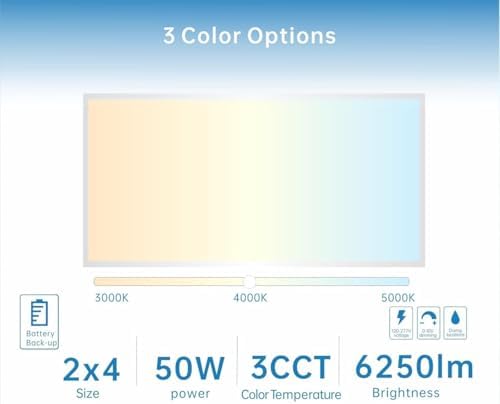2X4 LED Flat Panel Light with Emergency Battery Backup, 50W 3000K/4000K/5000K, 0-10V Dimmable, 6250 Lumens, LED Drop Ceiling Lights, 100-277V, UL Listed (1 Pack) - Image 3