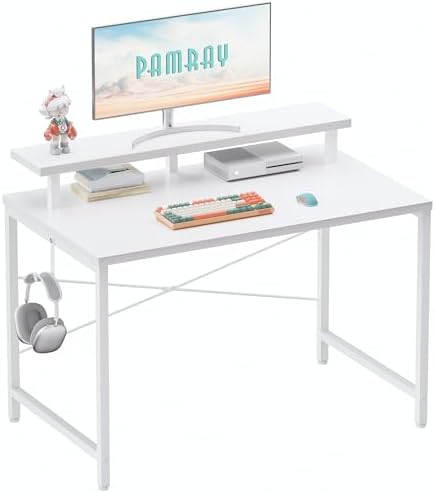 Pamray 32 Inch Small Computer Desk with Monitor Stand, Simple Office Desk with Headphone Hook for Small Spaces, Kids Study Writing Table for Bedroom, White by PAMRAY