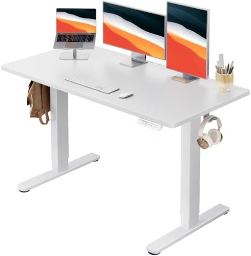 HUANUO Electric Standing Desk, Whole Piece Desktop, Adjustable Height Computer Desk, 4 Height Memory Settings, Sit Stand Up Desk for Home Office, 48" x 24", White by HUANUO