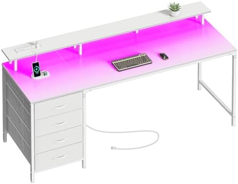 Huuger 63 Inch Computer Desk with Power Outlets and LED Lights, Gaming Desk with 4 Drawers, Office Desk with Monitor Stand, Study Work Desk for Home Office, White by Huuger
