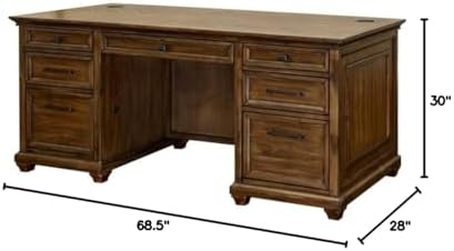 Pemberly Row 68.5" W Wood Executive Desk, Brown Finish, Herringbone Pattern, 2 Locking File Drawers, 4 Utility Drawers, Keyboard Drawer, Grommets, Fully Assembled, Home Office or Workspace Desk - Image 3