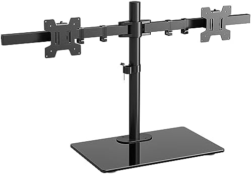 WALI Free Standing Dual Monitor Stand, Height Adjustable Monitor Mount with Glass Base, Fits LCD LED Flat Curved Screen up to 27 inch, 22lbs, with Grommet Base (GMF002) by WALI
