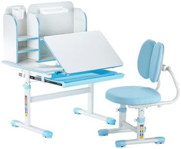 VEVOR Kids Study Chair and Desk Set, Study Desk and Chair for Kids with Bookshelf & Storage Drawer, Adjustable Height & 0-40 Tilted Desktop, Blue by VEVOR