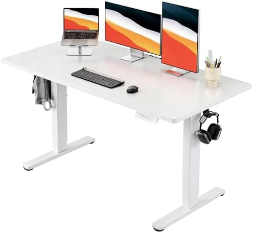HUANUO Electric Standing Desk, Whole Piece Desktop, Adjustable Height Computer Desk, 4 Height Memory Settings, Sit Stand Up Desk for Home Office, 55" x 27", White by HUANUO