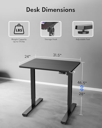 Small Electric Standing Desk, Gaming Desk, 31.5x24 Inch, Black - Image 2
