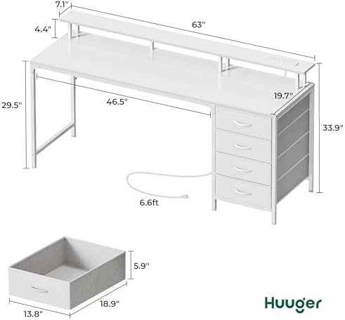 Huuger 63 Inch Computer Desk with Power Outlets and LED Lights, Gaming Desk with 4 Drawers, Office Desk with Monitor Stand, Study Work Desk for Home Office, White - Image 3