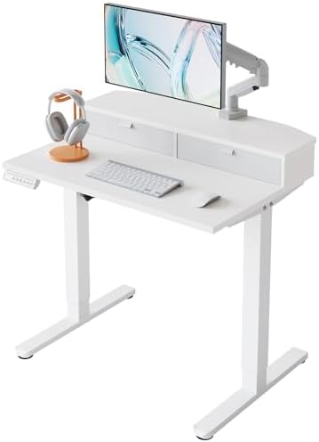 HUANUO 32" X 21" Electric Standing Desk with 2 Drawers, C-Clamp Mount Compatible, Height Adjustable Computer Desk, Home Office Stand Up Desk with 4 Preset Heights & 2 Hooks, White by HUANUO