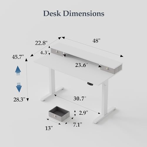 Klicelor 48 x23 Inch Electric Standing Desk with Drawers, Adjustable Height Small Sit Stand Desk for Home Office, Compact Computer Workstation with Storage– White - Image 3