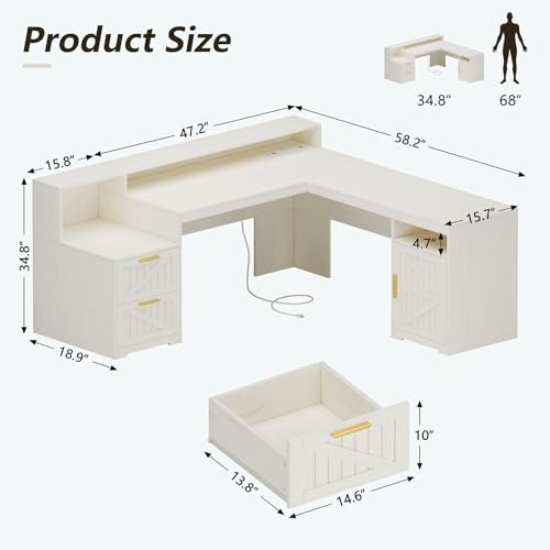 63" Farmhouse L Shaped Desk with Drawers & Printer Shelf for Home Office - Image 2