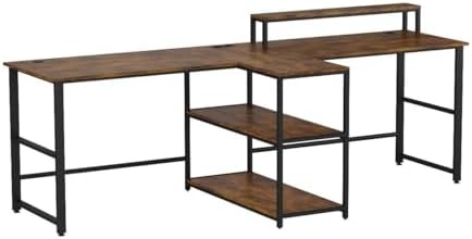 SEDETA 94.5" 2 Person Gaming Desk with Storage Shelf,LED Light,Rustic Brown - Image 4