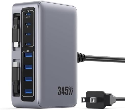 345W USB C Charger 10 in 1 Retractable Wall Charger with 2 Cables,GaN 6 USB C Charging Station Phone Charging PD Laptop Charger Adapter for MacBook Pro/Air,DELL,iPhone17/16/15,Galaxy S24,Android etc by GKUTW