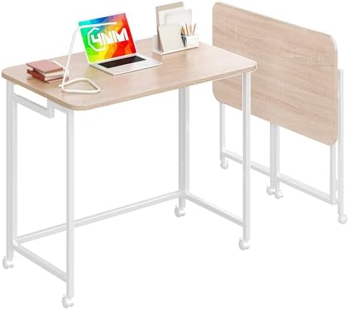 4NM 27.5" Mobile Small Rolling Computer Desk, Folding Laptop Cart Table with Wheels, Portable Office Desk for Small Space Couch Bed - Natural and White by 4NM
