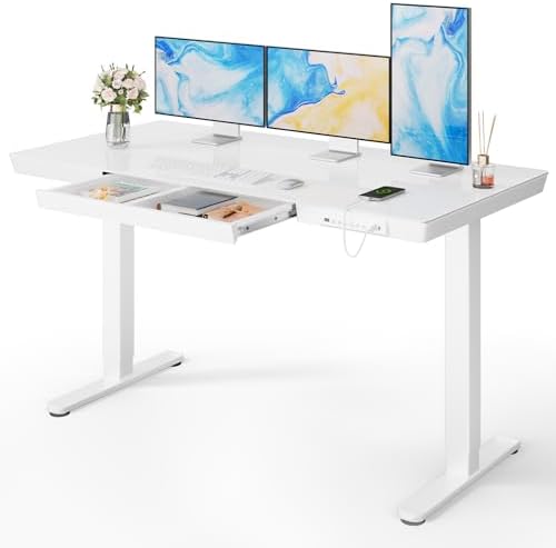 Marsail Glass Standing Desk with Drawer,55 x 28 inch Electric Standing Desk, Adjustable Height Desk with Storage & USB Charging Ports, One-Piece Standing Desk for Home & Office, White by Marsail