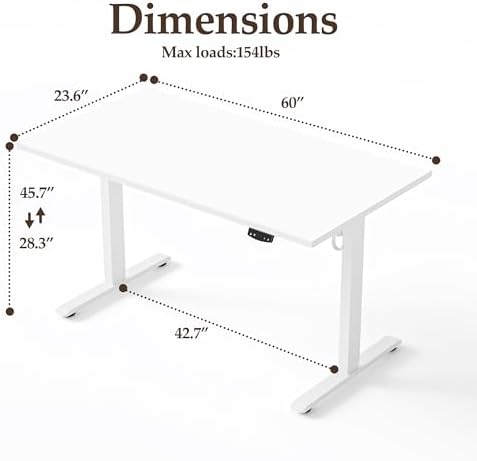 Klicelor 60 Inch Large Electric Standing Desk, Height Adjustable Office Desk, Sit Stand Up Computer Gaming Desk with Memory Preset, Two-Piece Desktop, White - Image 3