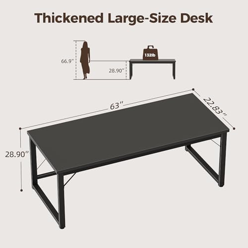 Mericonia 63 Inch Computer Desk, 1" Thick Large Office Table, Black - Image 2