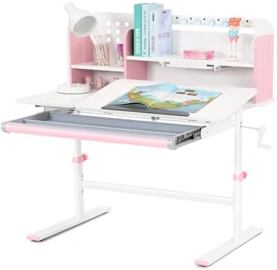 39in Wide Adjustable Height Kids Desk with Tilting Desktop, Bookshelf Hutch by COSVALVE