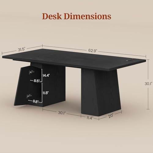 UPOSOJA 63 in Executive Desk with Power Outlets, Modern Home Office Desk with Storage Cabinet, Wood Computer Desk Business Workstation Desk Conference Table Black - Image 2