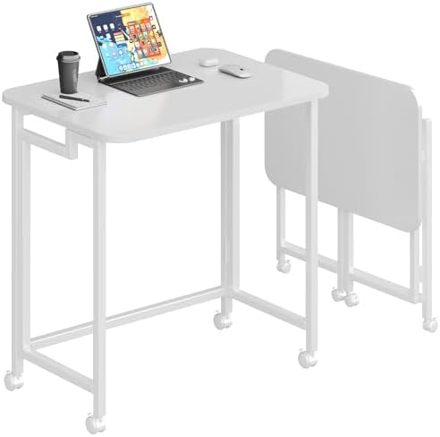 JSB Folding Desk for Small Spaces,Mobile Portable Rolling Laptop PC Table on Wheels,Foldable Computer Desk for Home Office,Bedroom,Dorm,Space Saving (All White, 23.6") by HomeFurniture
