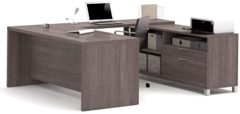 BOWERY HILL U-Shaped Computer Desk, Bark Gray Finish, 1.5" Commercial Grade Work Surface with Melamine, PVC Edge, Square Metal Legs, Adjustable Shelves, Reversible Design, 71.1" W x 89" D, Home by BOWERYHILL