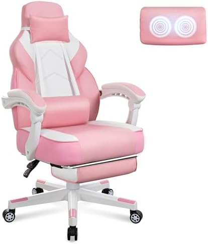 Big and Tall Gaming Chair for Adults, 330lbs Heavy Duty Computer Chair with Footrest & Massage Lumbar Support, Wide Seat High Back Reclining Desk Chair, 360° Swivel, Pink by Meilocar
