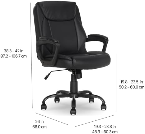 Amazon Basics Classic Puresoft PU Padded Mid-Back Office Desk Chair with Armrest, Easy Assembly, Sturdy Metal Base, Wheels, 275lb Support, 26"D x 23.75"W x 42"H, Black - Image 3