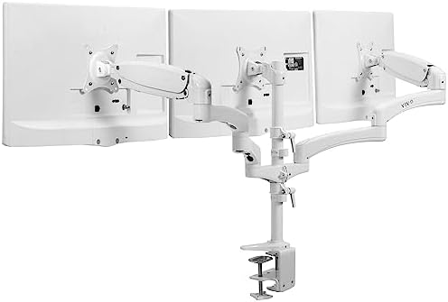 VIVO 17 to 32 inch Triple Pneumatic Monitor Mount, 2 Pneumatic Arms, 1 Fixed, Adjustable Swivel, Rotation, Heavy Duty VESA Desk Stand with C-clamp, Max VESA 100x100, White, STAND-V300GW by VIVO