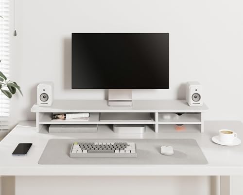 Fenge Monitor Stand, Desk Computer Riser with Frosted Storage Drawer, White - Image 6