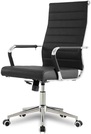 Okeysen Office Desk Chair, Ergonomic Leather Modern Conference Room Chairs, Executive Ribbed Height Adjustable Swivel Rolling Chair for Home Office Set of 1. (Black) by Lepdep