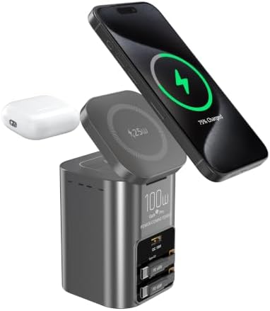 100W Multi-Function Desktop Charging Station, Wireless Charger with Dual 75cm Retractable USB-C Cables, USB-A QC3.0, Fast Charging for Laptops, Phones, Earbuds（I161C） by Unknown