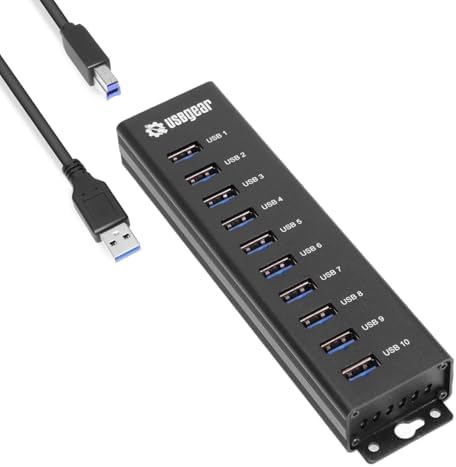 USBGear 10-Port USB Hub 3.2 Gen 1 – Mountable SuperSpeed Data Hub with USB Ports for Laptop, PC, Desktop, and More, 5V/4A Power Adapter with Type-A to Type-B Cable (3ft), Computer Accessories by USBGear
