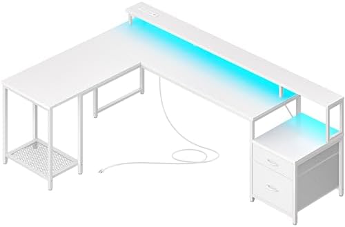 PRAISUN 66" L Shaped Gaming Desk with LED Lights & Power Outlets by PRAISUN