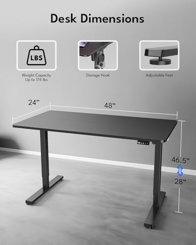 Electric Standing Desk, Gaming Desk, 48 x 24 Inch, Black - Image 2