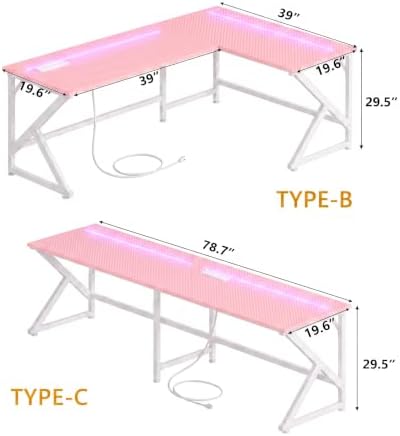 39.4'' L Shaped Gaming Desk with LED Lights & Power Outlets, Pink Desk - Image 3