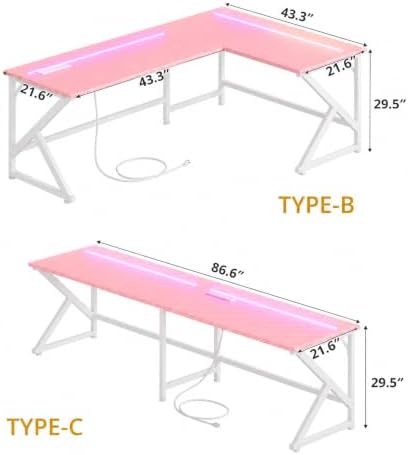 43.3'' L Shaped Gaming Desk with LED Lights & Power Outlets, Pink Desk - Image 3
