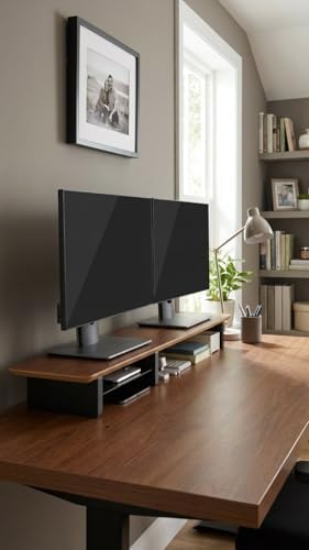 Walnut Monitor Stand for Desk (44 Inch) Large Monitor Stands for 2 Monitors, Desk Shelf for Top of Desk Walnut Monitor Shelf - Image 6