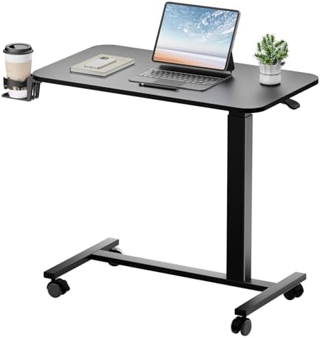 GTPLAYER Small Standing Desk with Lockable Wheels, Pneumatic Mobile Rolling Laptop Desk,Adjustable Height Overbed Bedside Table Computer Workstation for Home Office (32" W x 18" D, Black) by GTPLAYER