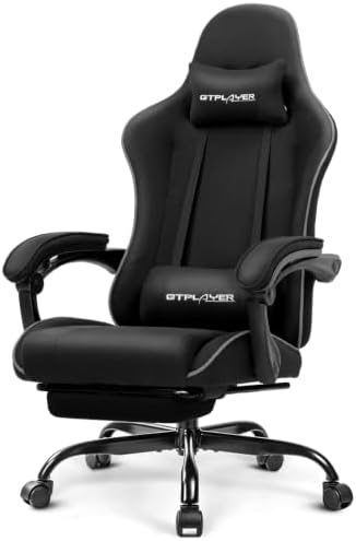 GTPLAYER Gaming Chair, Computer Chair with Footrest and Lumbar Support, Height Adjustable Game Chair with 360°-Swivel Seat and Headrest and for Office or Gaming (All Black-Fabric) by GTPLAYER