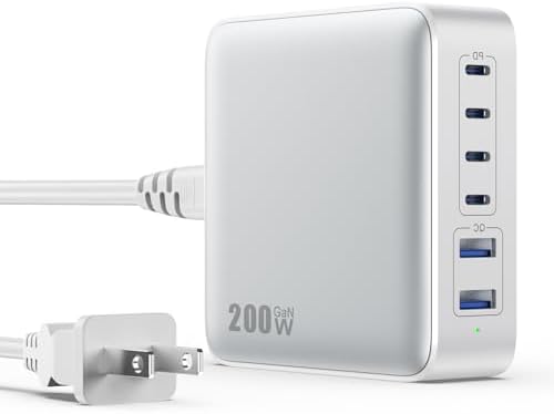 USB C Charger Block 200W[2025 Upgraded] GaN III 6 Port Fast Charging Station Hub,PD 65W USB C Laptop Charger Compatible with MacBook Pro/Air,iPad,iPhone 16/15,Galaxy S23/S24 Steam Deck Dell XPS etc by GKUTW
