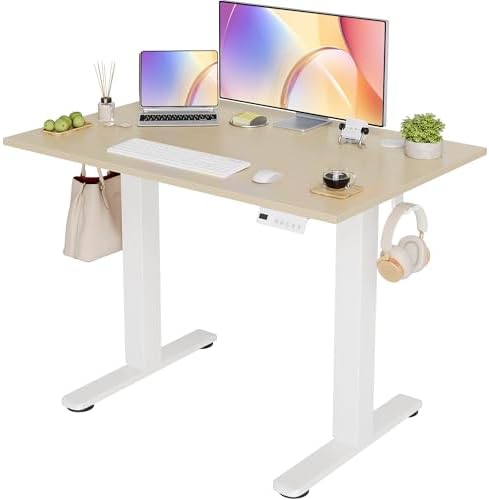 Seang Electric Standing Desk Adjustable Height, 40 x 24 Inch Sit Stand Desk with T-Shaped Frame, 3 Memory Presets & Cable Management for Home Office Computer Workstation, White Frame/Nature Top by Seang