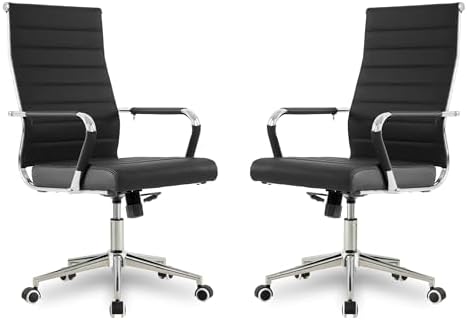 Okeysen Office Desk Chair, Ergonomic Leather Modern Conference Room Chairs, Executive Ribbed Height Adjustable Swivel Rolling Chair for Home Office Set of 2. (Black) by Lepdep
